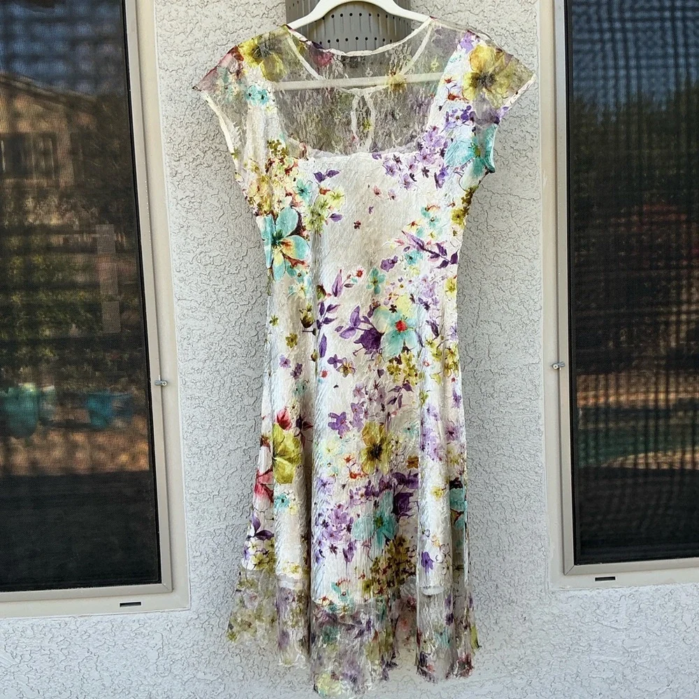 NWOT Komarov Floral Crinkle Lace Satin Midi Dress Large Fit & Flare Keyhole Chic